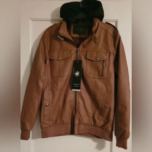 American Breed Men Hooded Brown Jacket Bomber Pleather Faux Fur Lined Casual
